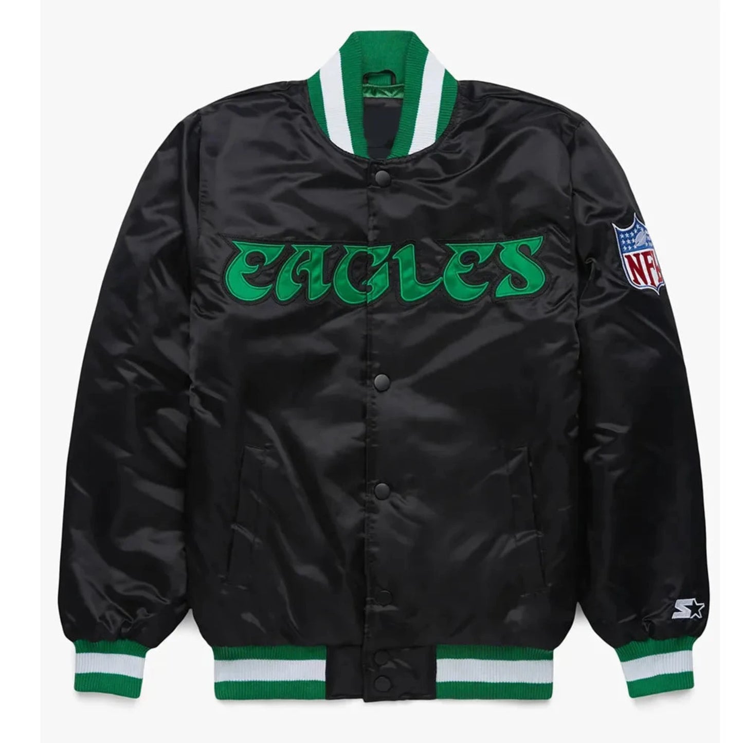 Front view of Philadelphia Eagles NFL satin varsity jacket with team logo and snap-button closure