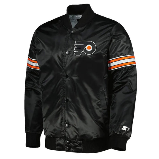 Front view of Philadelphia FLyers NHL satin varsity jacket with embroidered team logo and snap-button closure