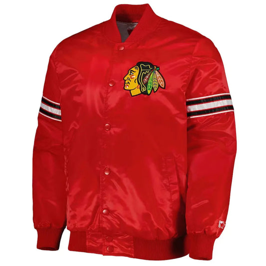Front view of Chicago Blackhawks NHL satin varsity jacket with embroidered team logo and snap-button closure
