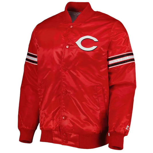 Front view of Cincinnati Reds MLB satin varsity jacket with team logo and snap-button closure