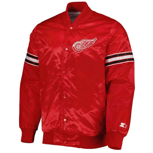 Front view of Detroit Red Wings NHL satin varsity jacket with embroidered team logo and snap-button closure