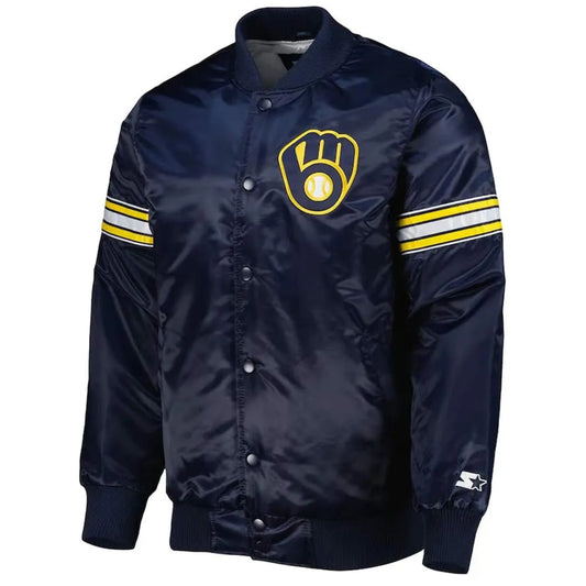 Front view of Milwaukee Brewers MLB satin varsity jacket with team logo and snap-button closure