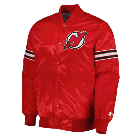 Front view of New Jersey Devils NHL satin varsity jacket with embroidered team logo and snap-button closure
