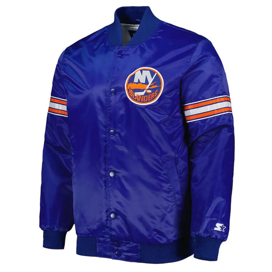 Front view of NY Islanders NHL satin varsity jacket with embroidered team logo and snap-button closure