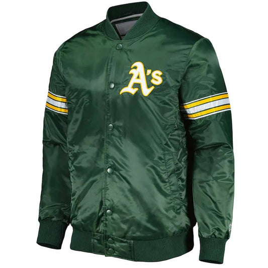 Front view of Oakland Athletics MLB satin varsity jacket with team logo and snap-button closure
