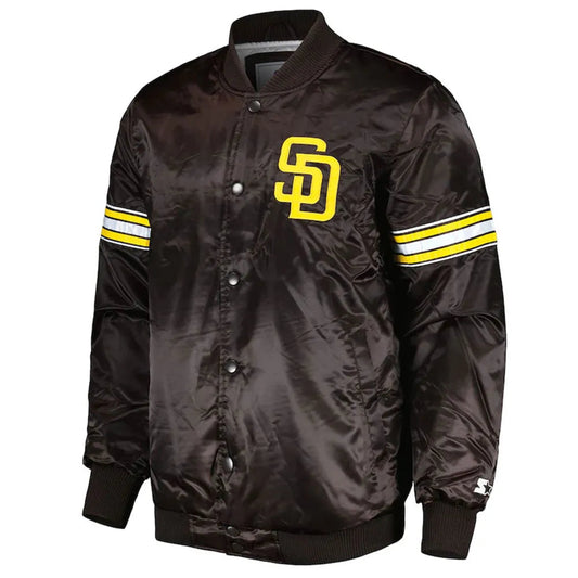 Front view of San Diego Padres MLB satin varsity jacket with team logo and snap-button closure