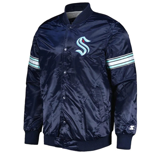 Front view of Seattle Kraken NHL satin varsity jacket with embroidered team logo and snap-button closure