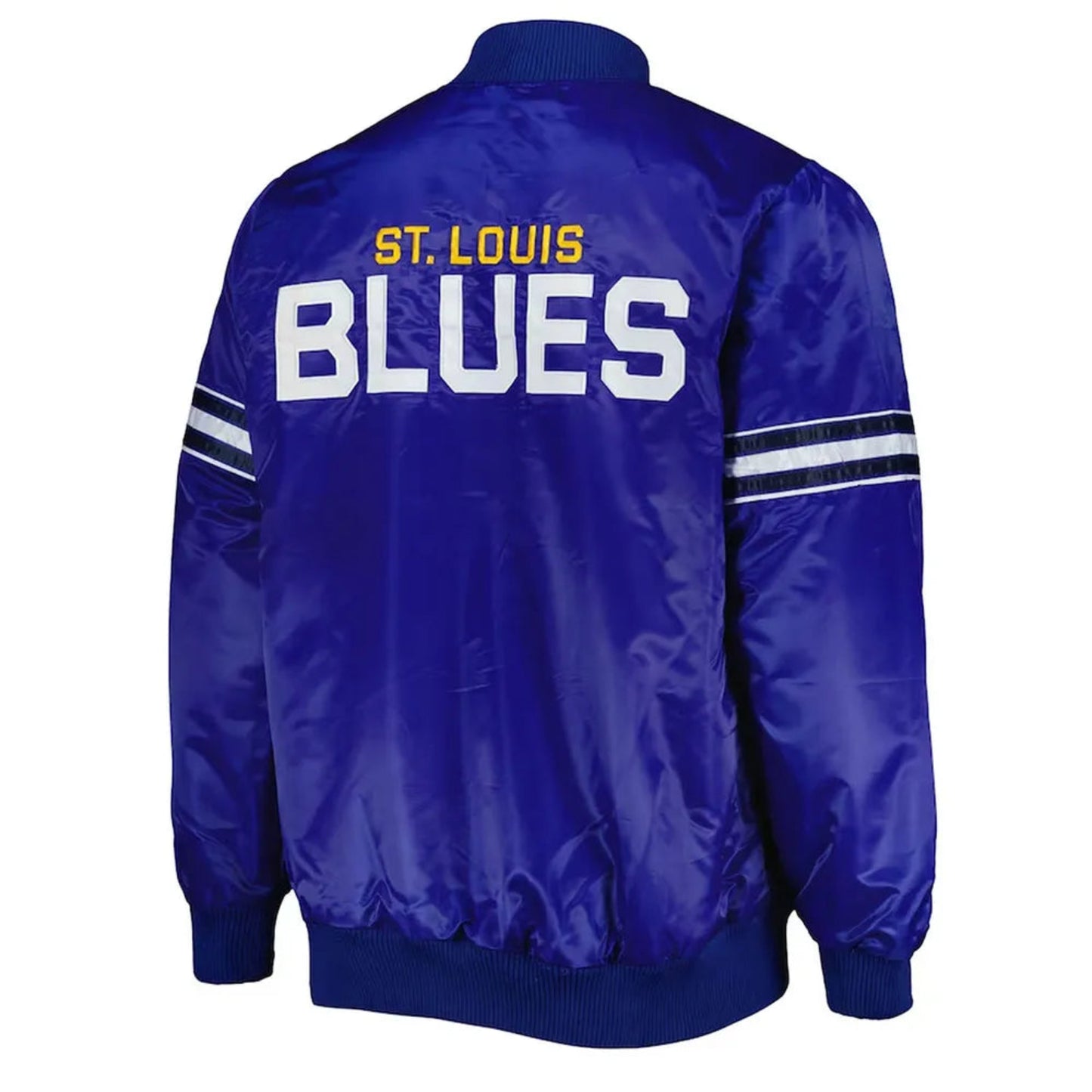 Back of NHL St. Louis Blues satin varsity jacket in royal blue colour featuring large team logo and striped ribbed hem