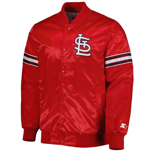 Front view of ST. Louis Cardinals MLB satin varsity jacket with team logo and snap-button closure