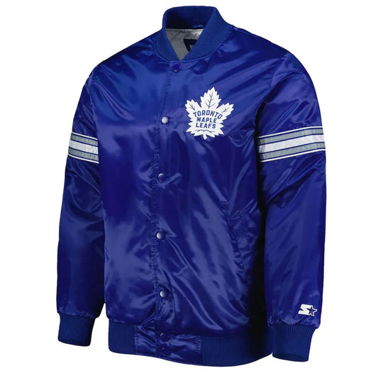 Front view of Toronto Maple Leafs NHL satin varsity jacket with embroidered team logo and snap-button closure