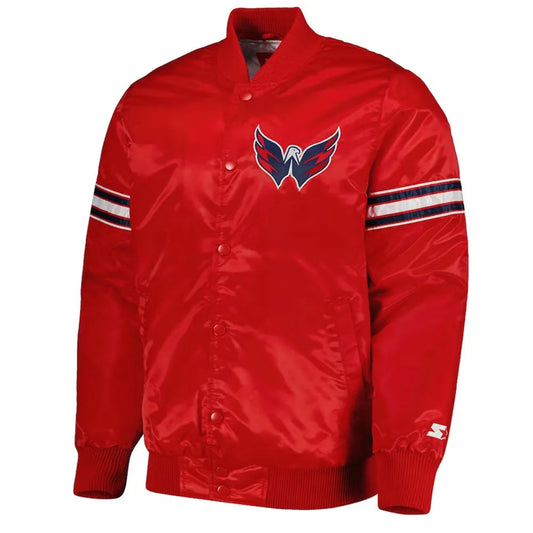 Front view of Washington Capitals NHL satin varsity jacket with embroidered team logo and snap-button closure