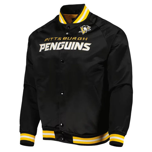 Front view of Pittsburgh Penguins NHL satin varsity jacket with embroidered team logo and snap-button closure