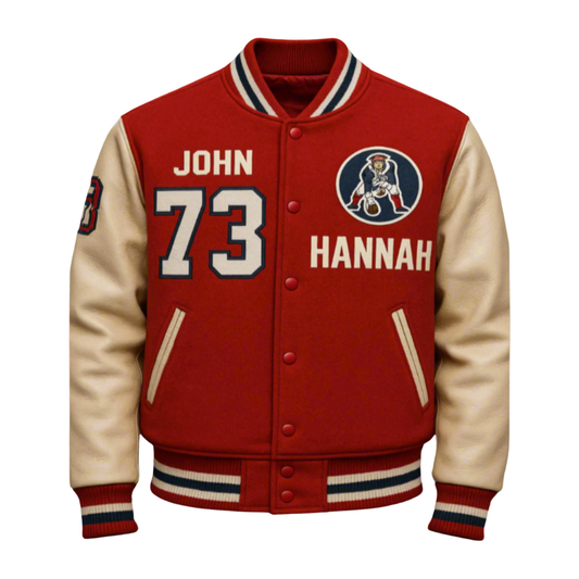 Red varsity jacket with white lettering and a logo on a gray background