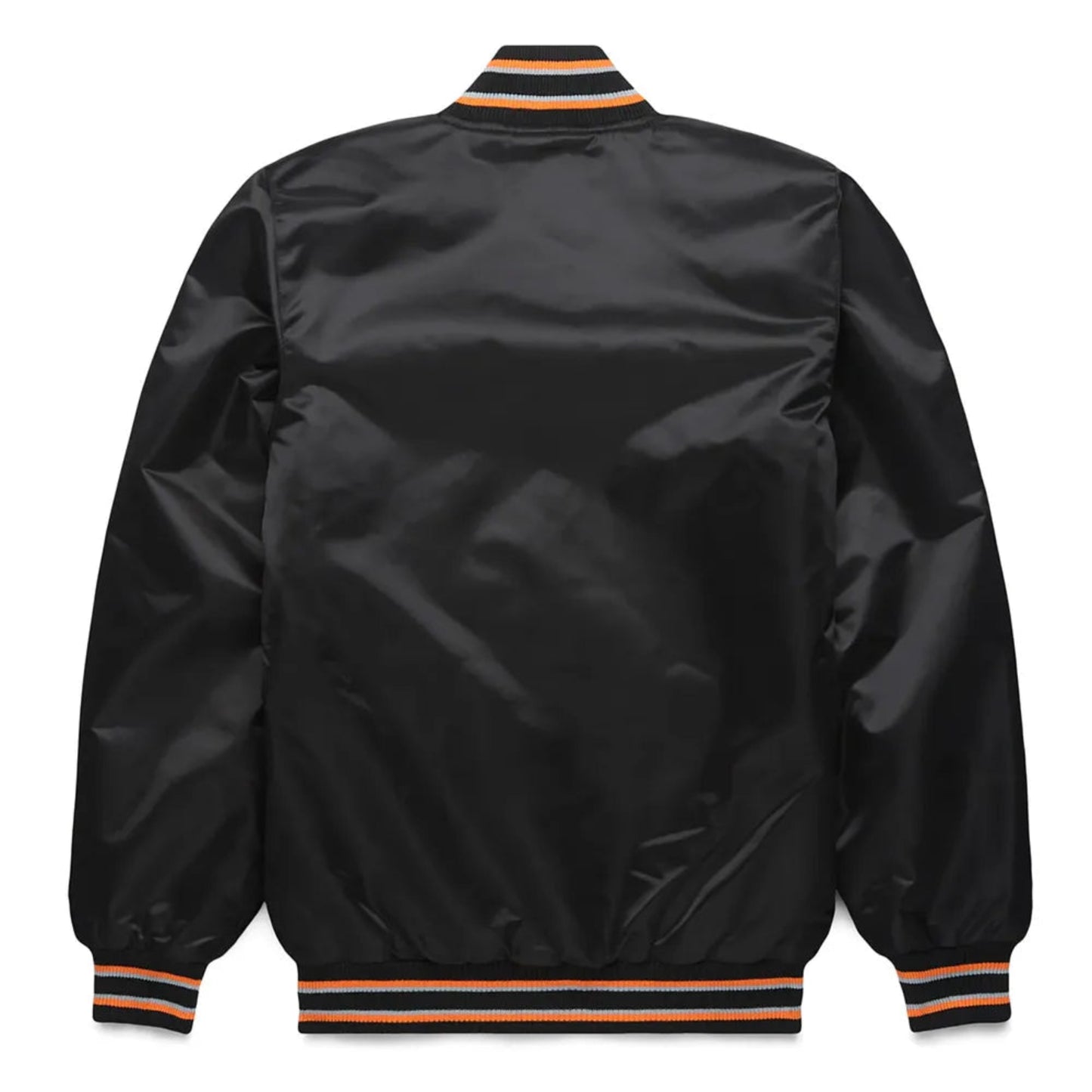 Back of San Francisco Giants satin varsity jacket featuring large team logo and striped ribbed hem