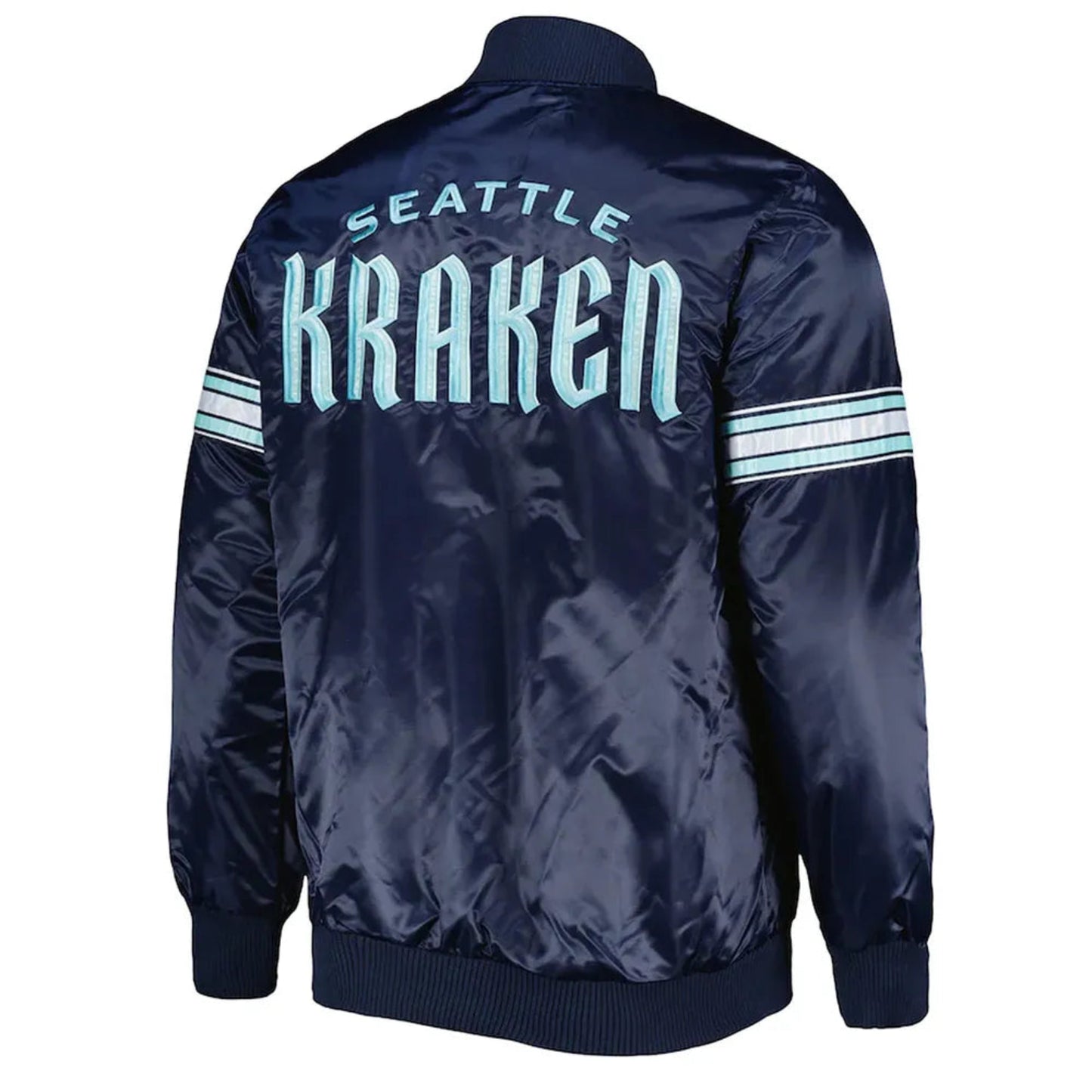 Back of NHL Seattle Kraken satin varsity jacket in navy colour featuring large team logo and striped ribbed hem