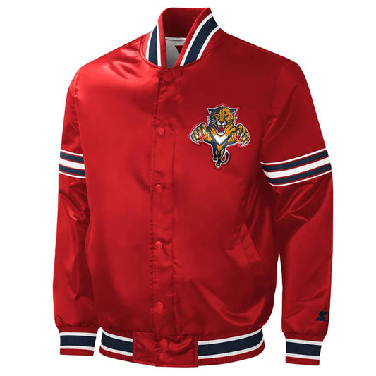 Front view of Florida Panthers NHL satin varsity jacket with embroidered team logo and snap-button closure