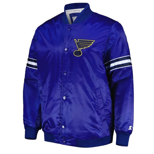 Front view of St. Louis Blues NHL satin varsity jacket with embroidered team logo and snap-button closure