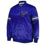 Front view of St. Louis Blues NHL satin varsity jacket with embroidered team logo and snap-button closure