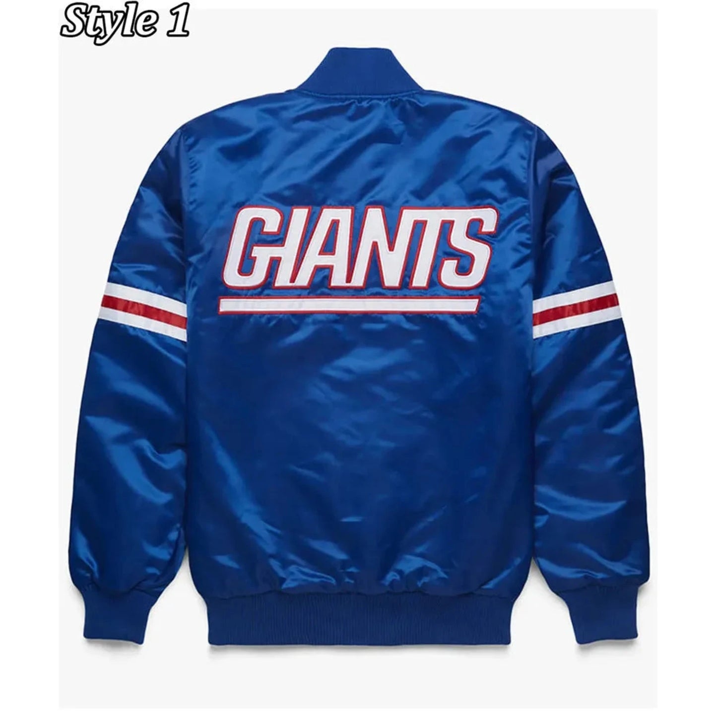 Back of New York Giants satin varsity jacket featuring large team logo and striped ribbed hem