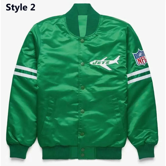 Front view of New York Jets NFL satin varsity jacket with team logo and snap-button closure