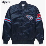 Front view of Tennessee Titans NFL satin varsity jacket with team logo and snap-button closure