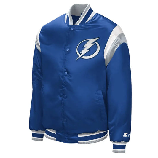 Front view of Tampa Bay Lightning NHL satin varsity jacket with embroidered team logo and snap-button closure