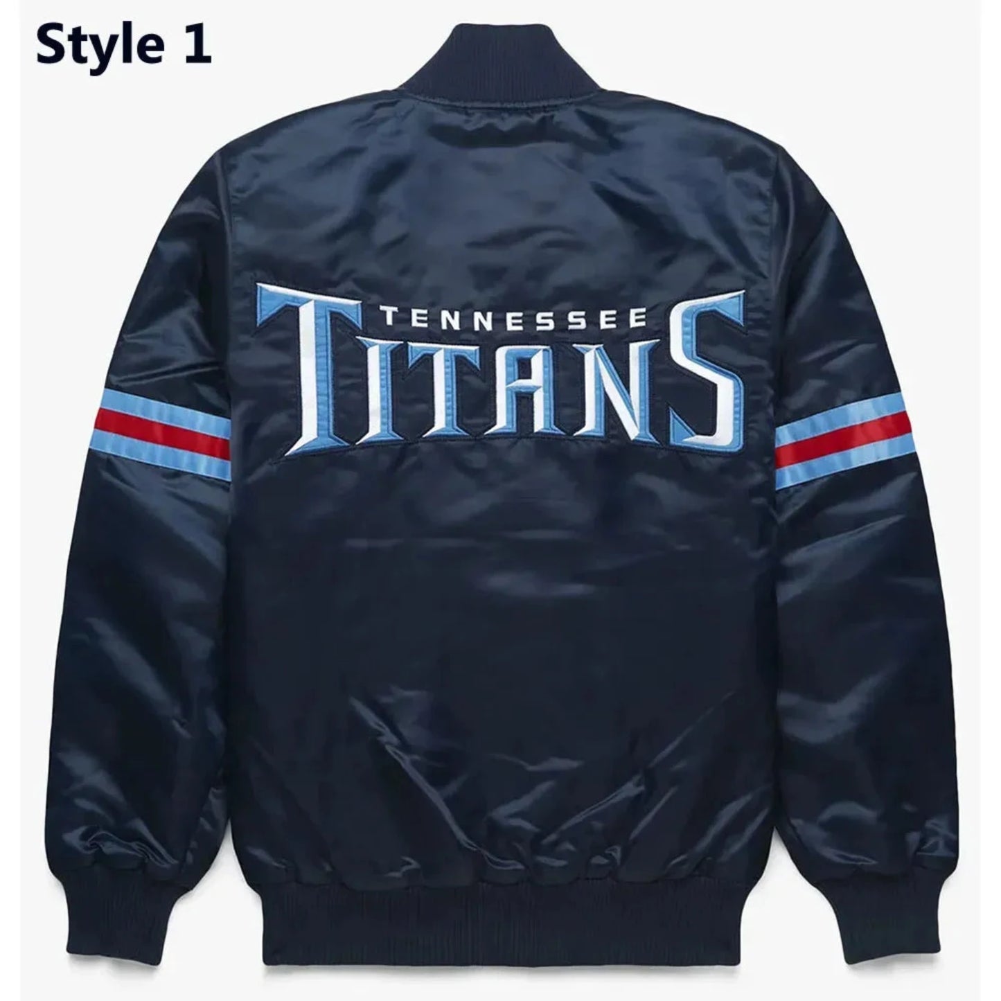 Back of Tennessee Titans satin varsity jacket featuring large team logo and striped ribbed hem