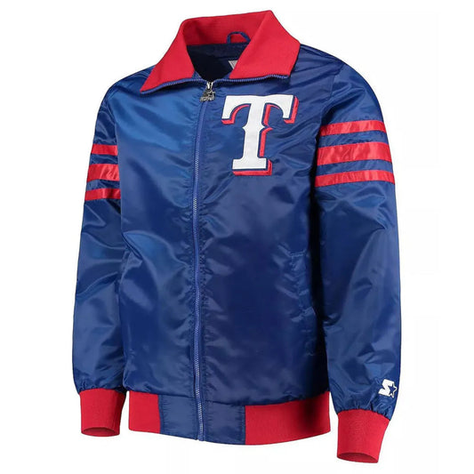 Front view of Texas Rangers MLB satin varsity jacket with team logo and snap-button closure
