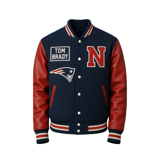 Navy and red letterman jacket with 'Tom Brady' and 'N' logos on a beige background