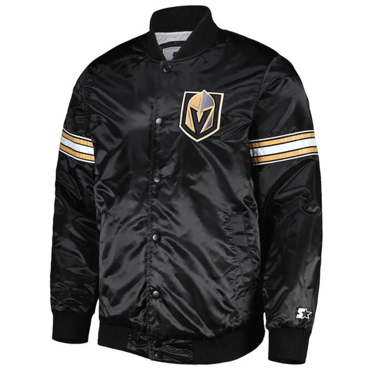 Front view of Vegas Golden Knights NHL satin varsity jacket with embroidered team logo and snap-button closure