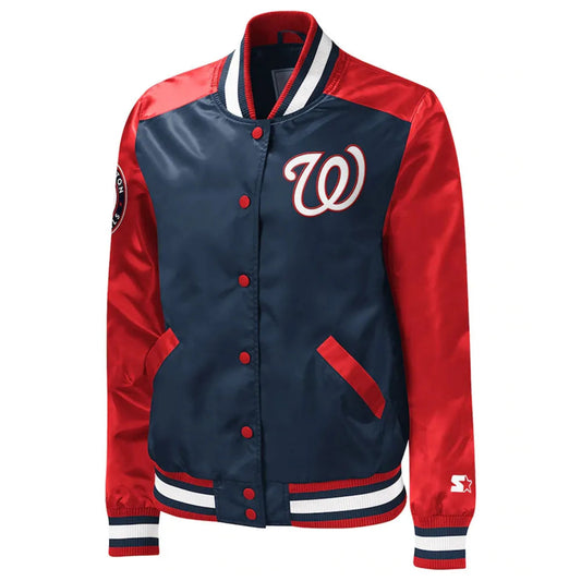 Front view of Washington Nationals MLB satin varsity jacket with team logo and snap-button closure
