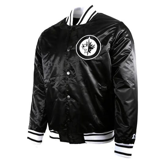 Front view of Winnipeg Jets NHL satin varsity jacket with embroidered team logo and snap-button closure