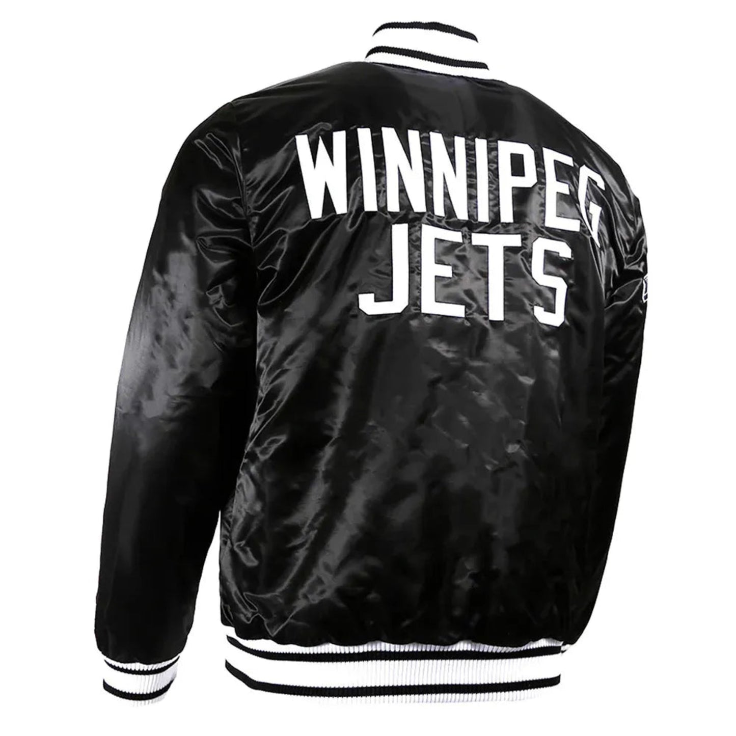 Back of NHL Winnipeg Jets satin varsity jacket in black colour featuring large team logo and striped ribbed hem