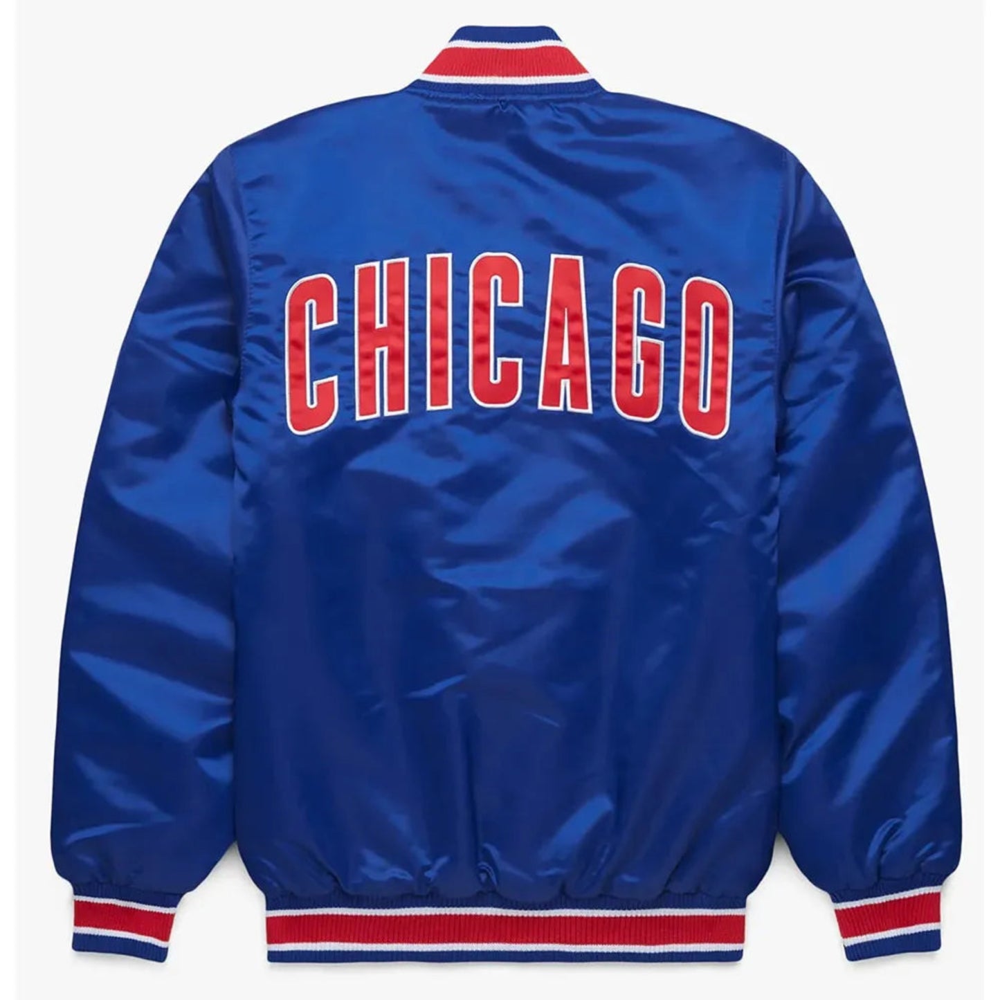 Back of satin varsity Chicago Cubs jacket featuring large team logo and striped ribbed hem