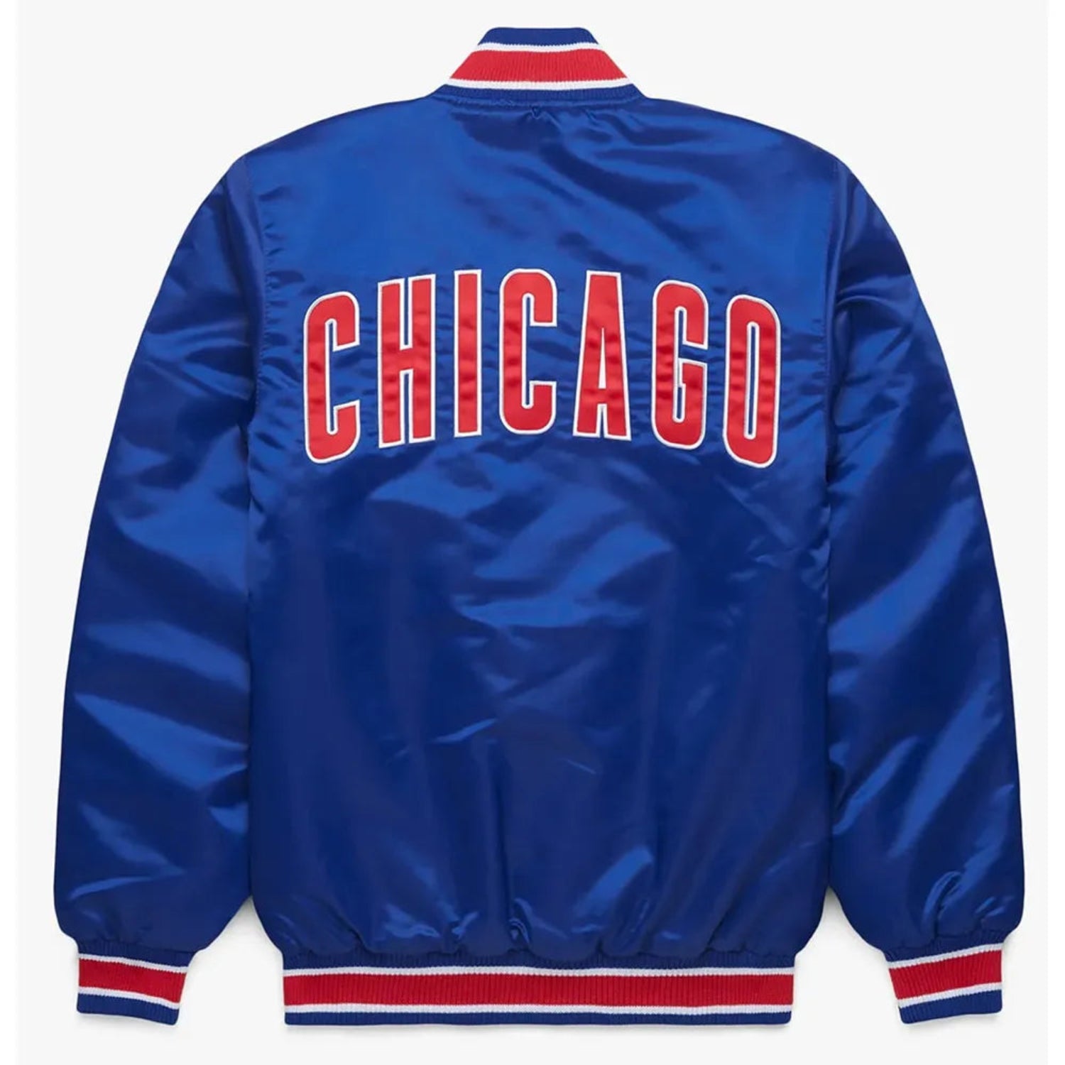 Back of satin varsity Chicago Cubs jacket featuring large team logo and striped ribbed hem