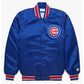 Front view of Chicago Cubs MLB satin varsity jacket with team logo and snap-button closure