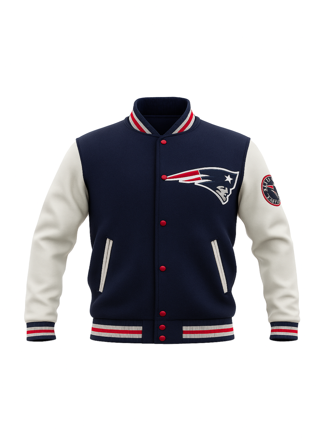 Navy and white varsity jacket with a NFL team logo on a white background