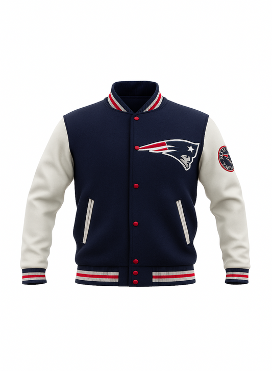 Navy and white varsity jacket with a NFL team logo on a white background