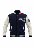 Navy and white varsity jacket with a NFL team logo on a white background