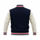 Navy varsity jacket with white sleeves on a white background