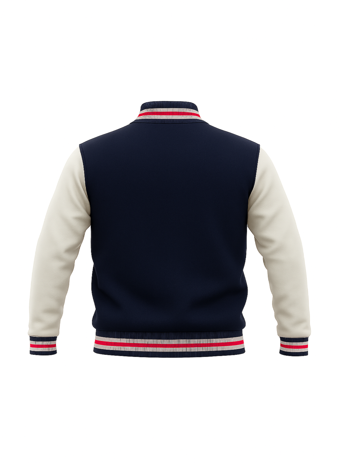 Navy varsity jacket with white sleeves on a white background
