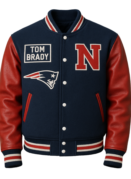 Navy and red letterman jacket with 'Tom Brady' and 'N' logos on a beige background