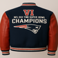 Navy and red jacket with Super Bowl Champions text and logo on a beige background