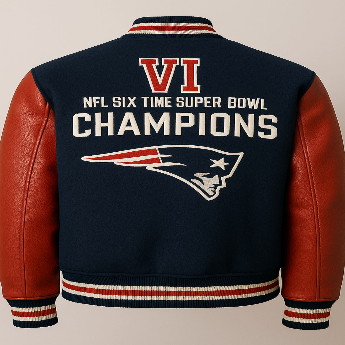 Navy and red jacket with Super Bowl Champions text and logo on a beige background