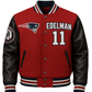 Red and black varsity jacket with 'EDELMAN 11' and sports team logo on a gray background