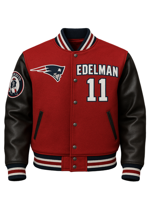 Red and black varsity jacket with 'EDELMAN 11' and sports team logo on a gray background