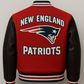 Red and black jacket with 'New England Patriots' text and logo on a gray background