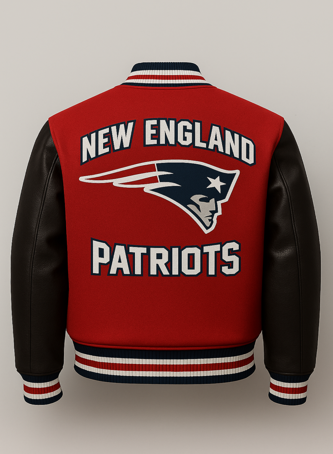 Red and black jacket with 'New England Patriots' text and logo on a gray background