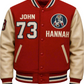 Red varsity jacket with white lettering and a logo on a gray background