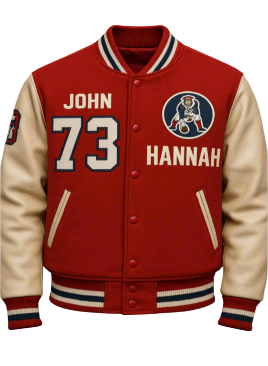 Red varsity jacket with white lettering and a logo on a gray background